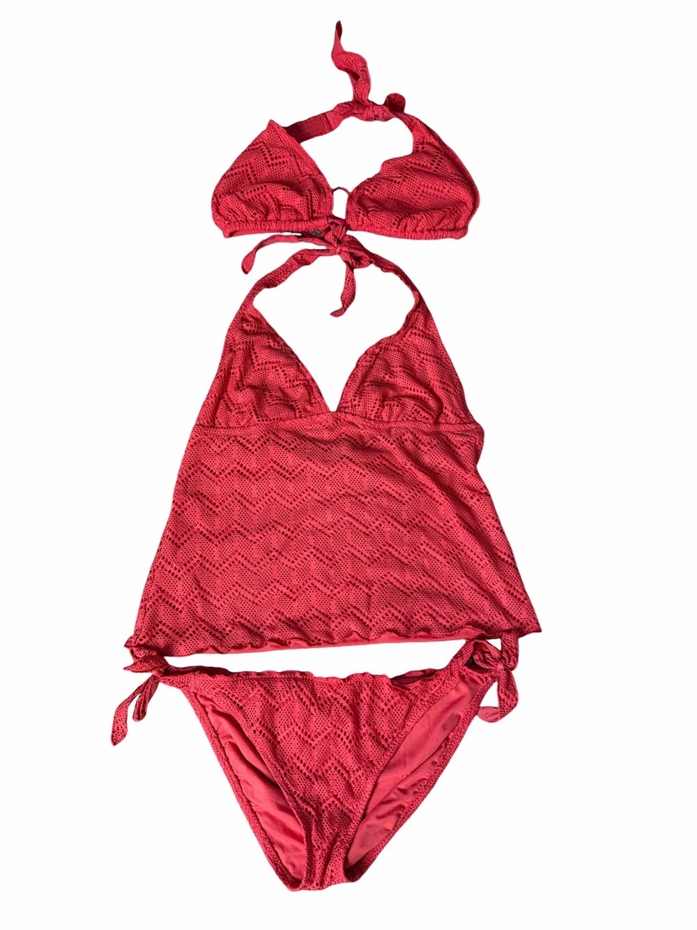 Mossimo Supply Co. Coral Pink Crochet Swim Set. Tankini, bottoms and Bikini Top.